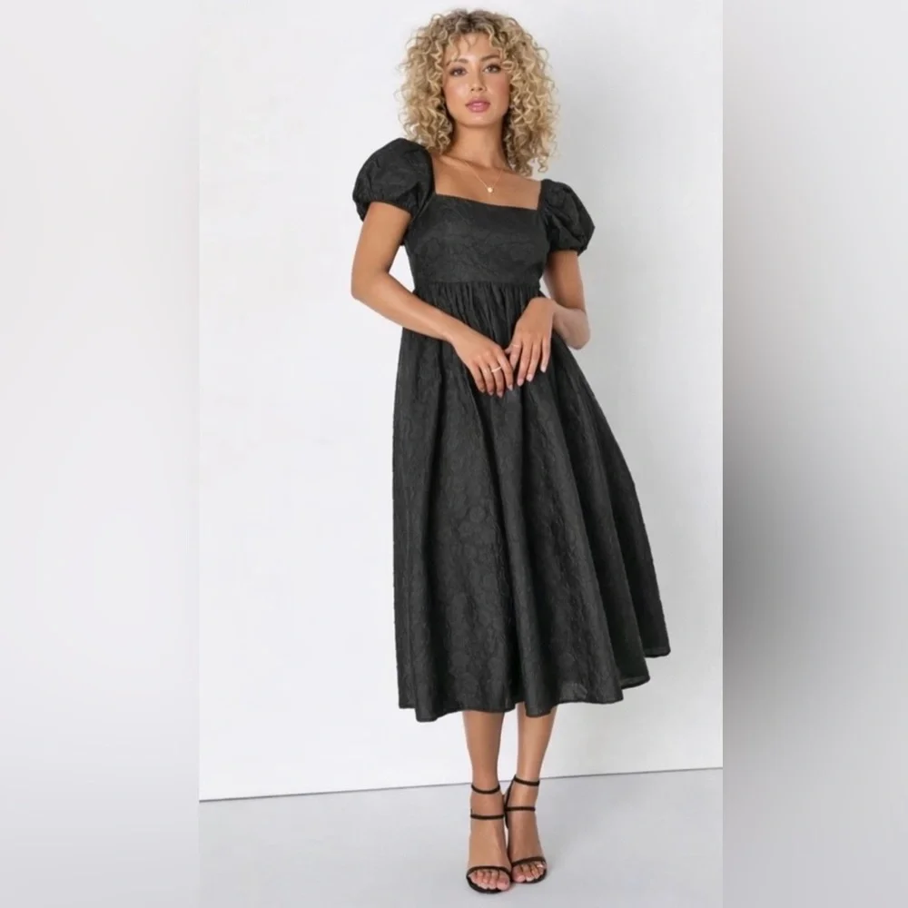 Lulus NWT “Adorable Mood” Black Floral Jacquard Puff Sleeve Babydoll Dress Large - Picture 8 of 16